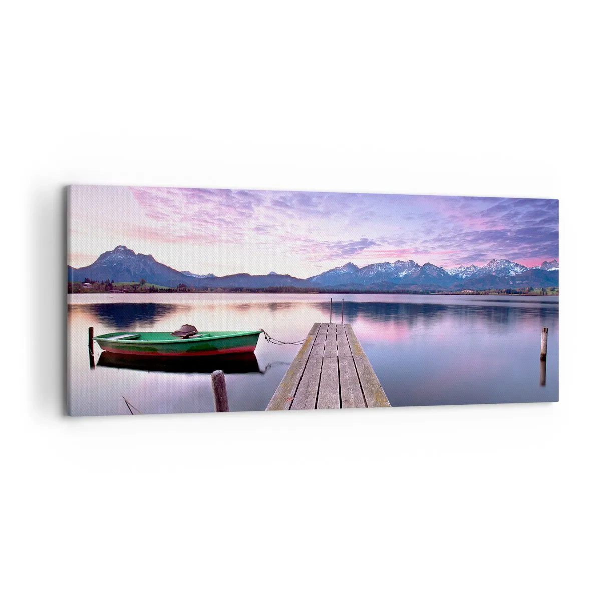 Cuadro sobre lienzo - Impresión de Imagen - Un muelle de madera con un barco en un lago rodeado de montañas al atardecer. - 120x50cm - Un silencio amistoso - Decoración de pared moderna para salón y dormitorio ARTTOR