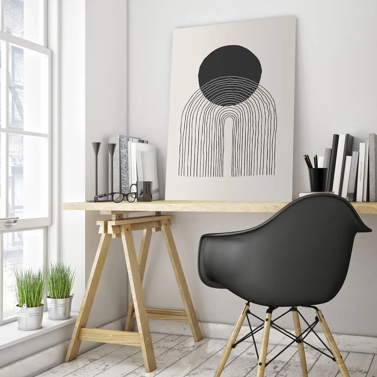 Cuadro sobre vidrio - Impresiones sobre Vidrio - Patrón abstracto con líneas y un círculo negro sobre un fondo claro - 70x100cm - Temblor y certeza - Decoración de pared moderna para salón y dormitorio ARTTOR