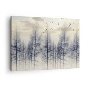 Cuadro sobre lienzo - Impresión de Imagen - Bosque brumoso con pájaros contra el cielo del atardecer - 70x50cm - Espíritus del bosque - Decoración de pared moderna para salón y dormitorio ARTTOR