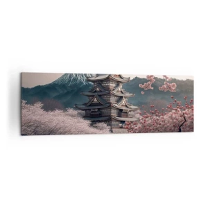 Cuadro sobre lienzo - Impresión de Imagen - Un templo japonés rodeado de flores de cerezo y montañas. - 160x50cm - Tierra de cerezos en flor - Decoración de pared moderna para salón y dormitorio ARTTOR