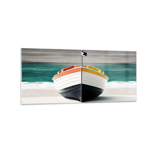 Cuadro sobre vidrio - Impresiones sobre Vidrio - Un barco en la playa con un mar turquesa al fondo. - 120x50cm - En su lugar exacto - Decoración de pared moderna para salón y dormitorio ARTTOR