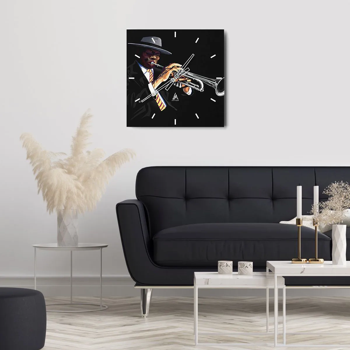 Reloj de pared - Reloj de vidrio - Un músico tocando la trompeta sobre un fondo negro. - 30x30cm - El encanto de la vieja escuela - Decoración de pared moderna para salón y dormitorio ARTTOR