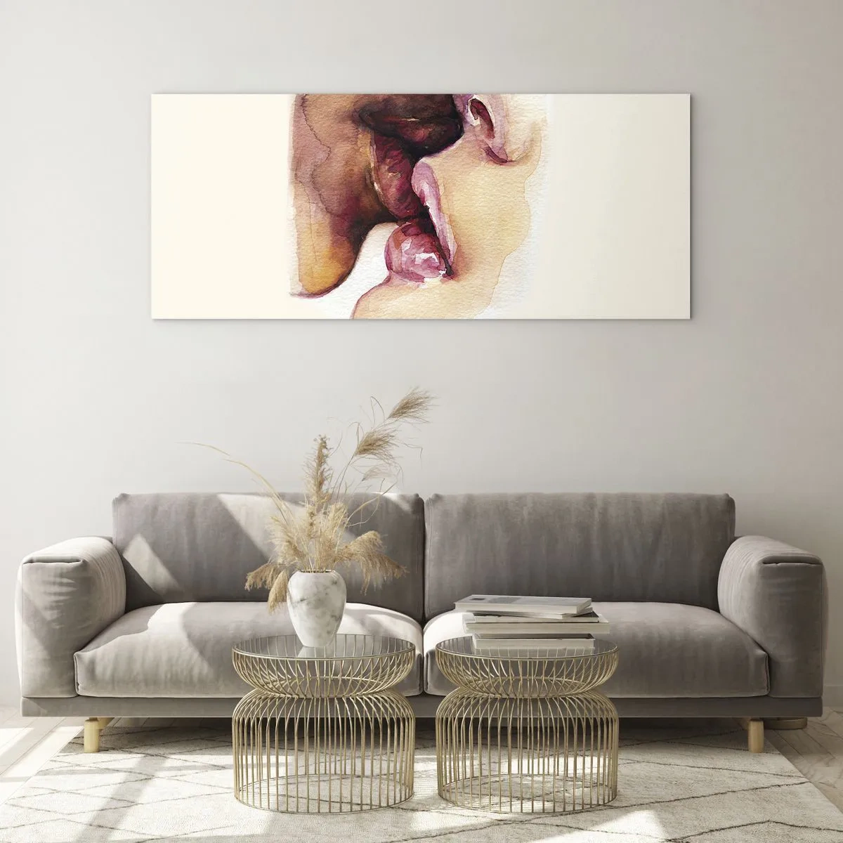 Cuadro sobre vidrio - Impresiones sobre Vidrio - Una pintura de acuarela de un primer plano de un rostro. - 140x50cm - Como la noche y el día, la tierra y el cielo - Decoración de pared moderna para salón y dormitorio ARTTOR