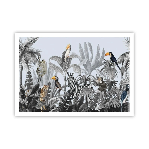 Póster - Selva tropical con animales exóticos sobre un fondo gris. - 100x70cm - Un cuento de hadas africano - Decoración de pared moderna para salón y dormitorio ARTTOR