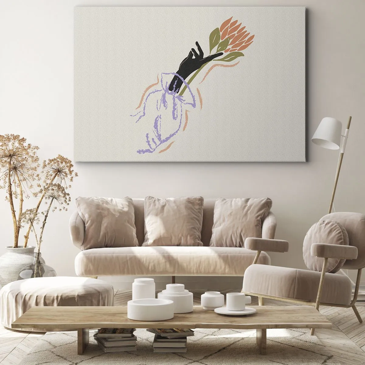 Cuadro sobre lienzo - Impresión de Imagen - Un ramo de flores minimalista de estilo delicado. - 70x50cm - Un toque fraternal - Decoración de pared moderna para salón y dormitorio ARTTOR