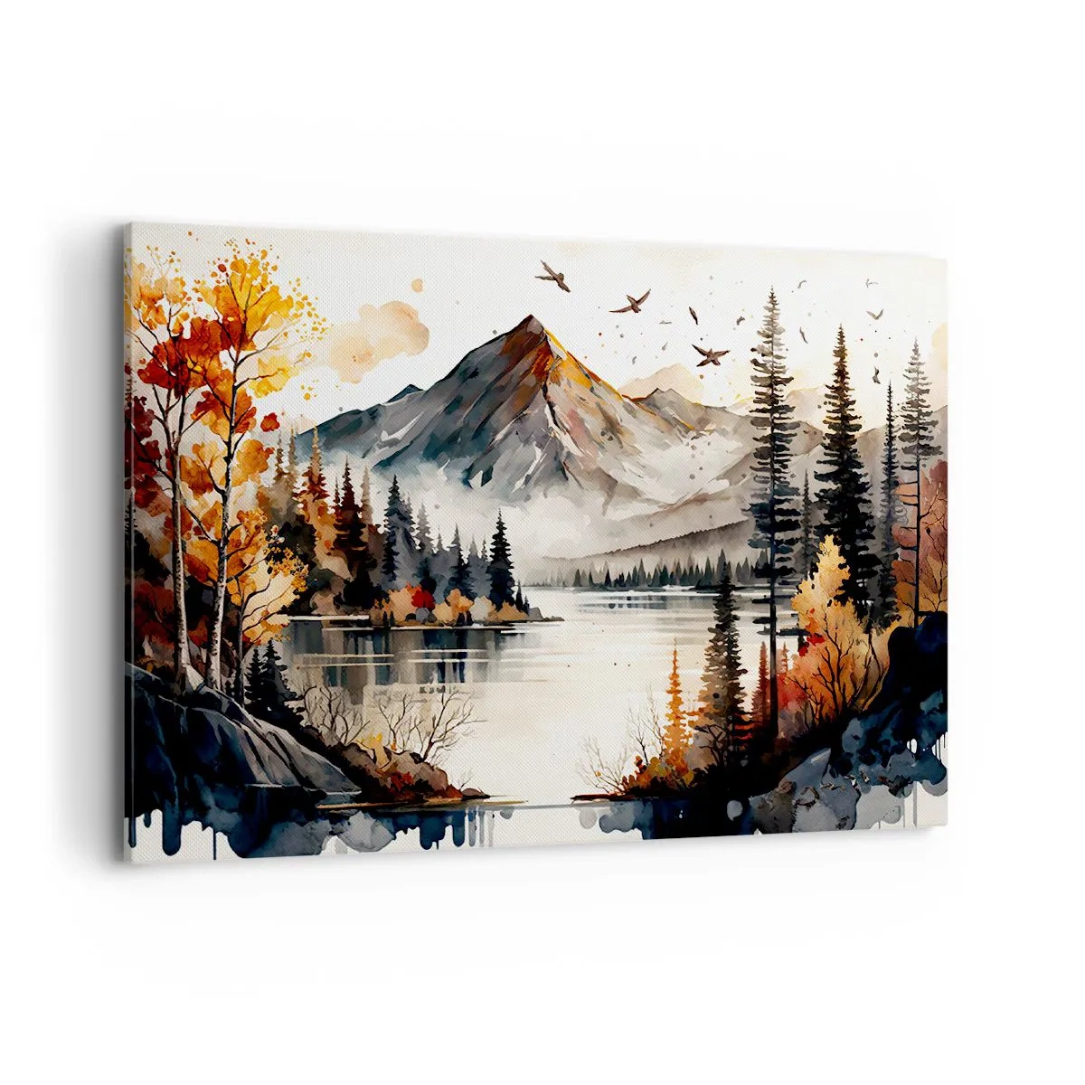 Cuadro sobre lienzo - Impresión de Imagen - Paisaje otoñal de montaña con lago y árboles en acuarela - 100x70cm - Otoño dorado en las montañas - Decoración de pared moderna para salón y dormitorio ARTTOR