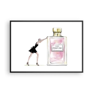 Póster en marco negro - Una mujer con un vestido negro junto a un frasco de perfume. - 100x70cm - La esencia de la feminidad - Decoración de pared moderna para salón y dormitorio ARTTOR