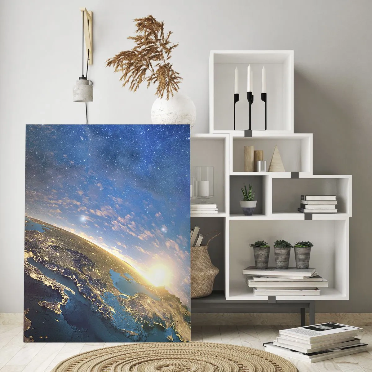 Cuadro sobre vidrio - Impresiones sobre Vidrio - Una vista de la Tierra desde el espacio con el amanecer visible. - 50x70cm - Mirémonos a nosotros mismos desde la distancia - Decoración de pared moderna para salón y dormitorio ARTTOR