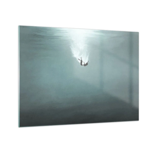 Cuadro sobre vidrio - Impresiones sobre Vidrio - La silueta de un hombre inmerso en las profundidades azules del océano. - 70x50cm - En el abrazo del océano - Decoración de pared moderna para salón y dormitorio ARTTOR