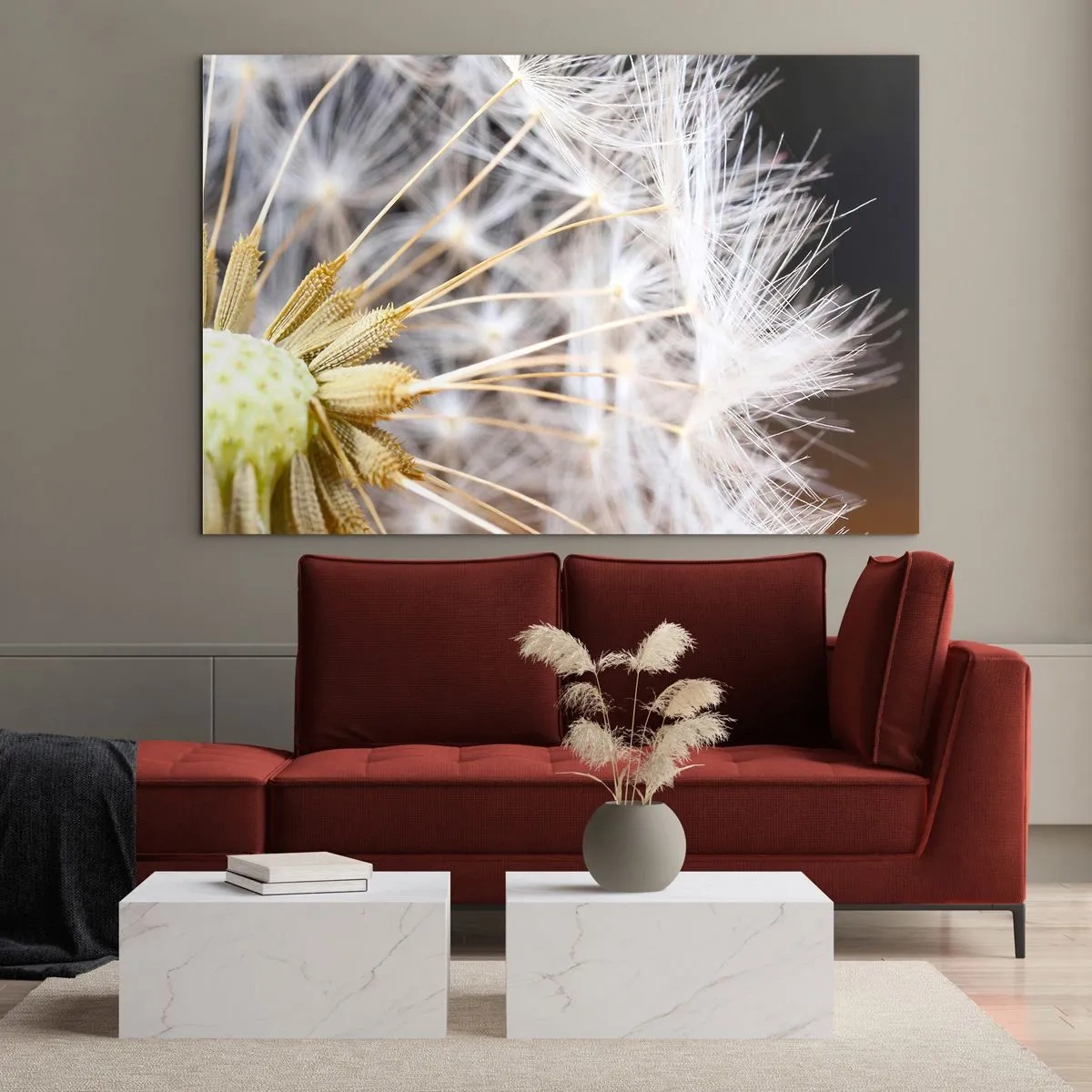 Cuadro sobre vidrio - Impresiones sobre Vidrio - Primer plano de un diente de león con semillas delicadas. - 70x50cm - Justo antes de volar - Decoración de pared moderna para salón y dormitorio ARTTOR
