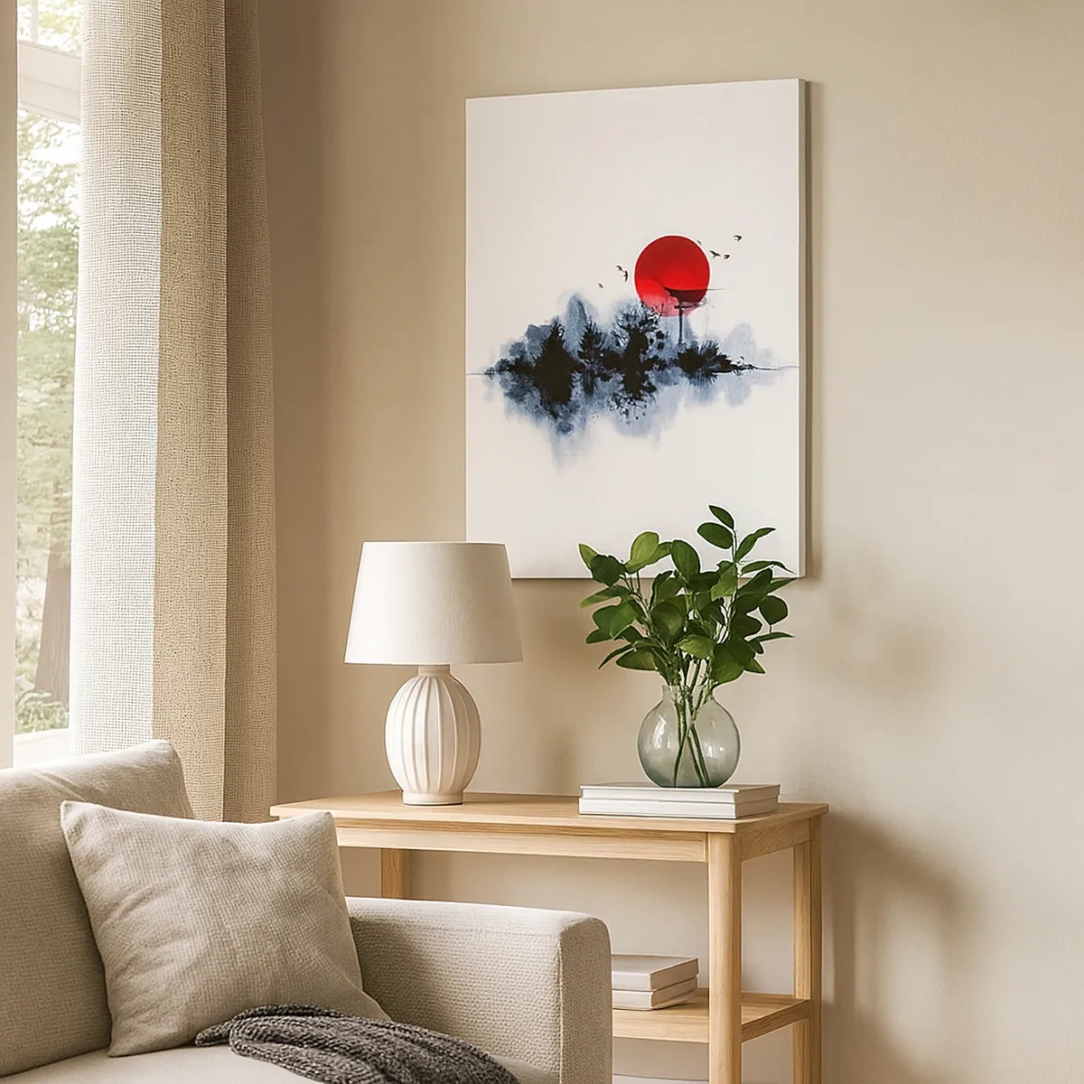 Cuadro sobre lienzo - Impresión de Imagen - Sol rojo sobre un paisaje pintoresco con torii - 50x70cm - Visión japonesa - Decoración de pared moderna para salón y dormitorio ARTTOR