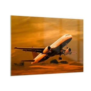 Cuadro sobre vidrio - Impresiones sobre Vidrio - Un avión despegando contra un cielo naranja. - 100x70cm - Vuelo hacia el sol - Decoración de pared moderna para salón y dormitorio ARTTOR