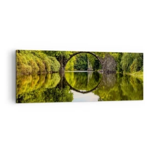 Cuadro sobre lienzo - Impresión de Imagen - Un puente de piedra sobre un río con un reflejo perfecto en el agua. - 140x50cm - En el punto de encuentro de dos mundos - Decoración de pared moderna para salón y dormitorio ARTTOR