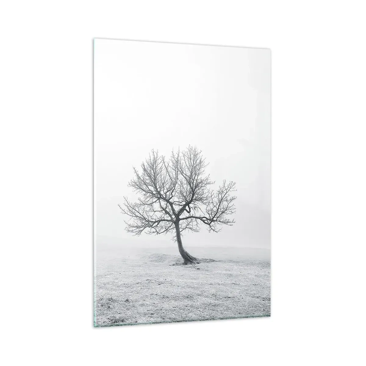 Cuadro sobre vidrio - Impresiones sobre Vidrio - Un árbol solitario en la niebla invernal en un campo vacío. - 80x120cm - Contra la nada - Decoración de pared moderna para salón y dormitorio ARTTOR