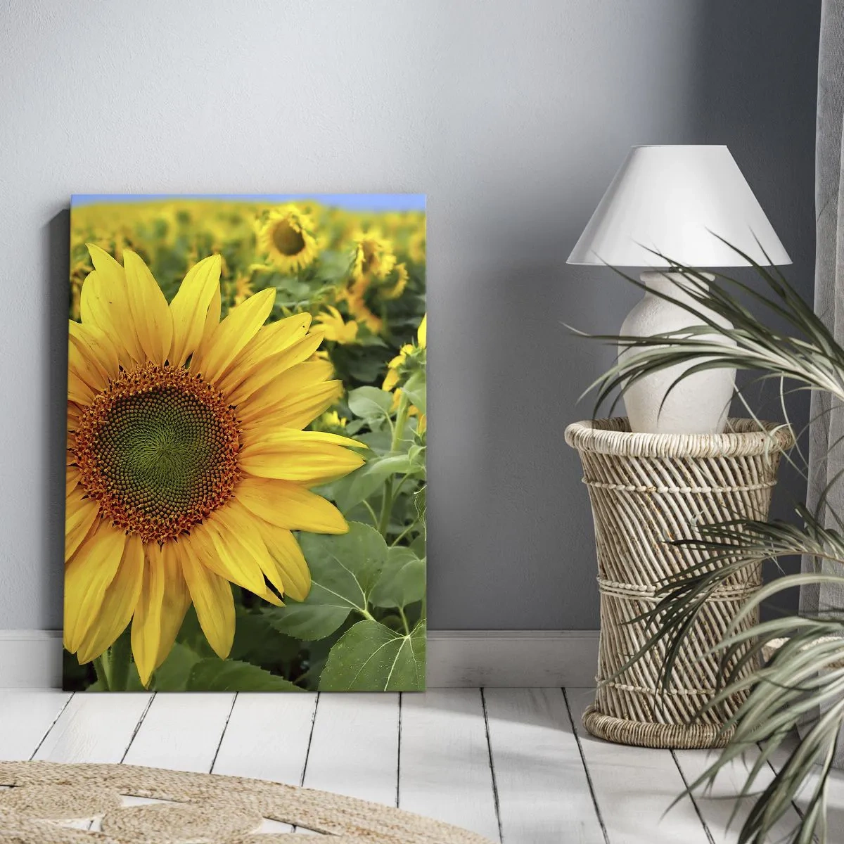 Cuadro sobre lienzo - Impresión de Imagen - Un campo de girasoles con flores amarillas sobre un fondo de hojas verdes. - 80x120cm - Cientos de soles estallan - Decoración de pared moderna para salón y dormitorio ARTTOR