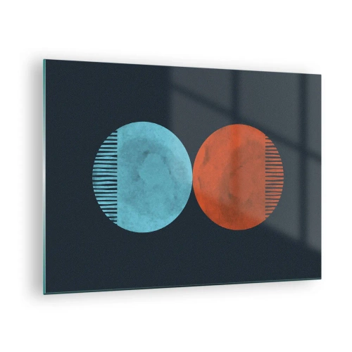 Cuadro sobre vidrio - Impresiones sobre Vidrio - Círculos abstractos en azul y naranja - 70x50cm - ¿Solo geometría? - Decoración de pared moderna para salón y dormitorio ARTTOR