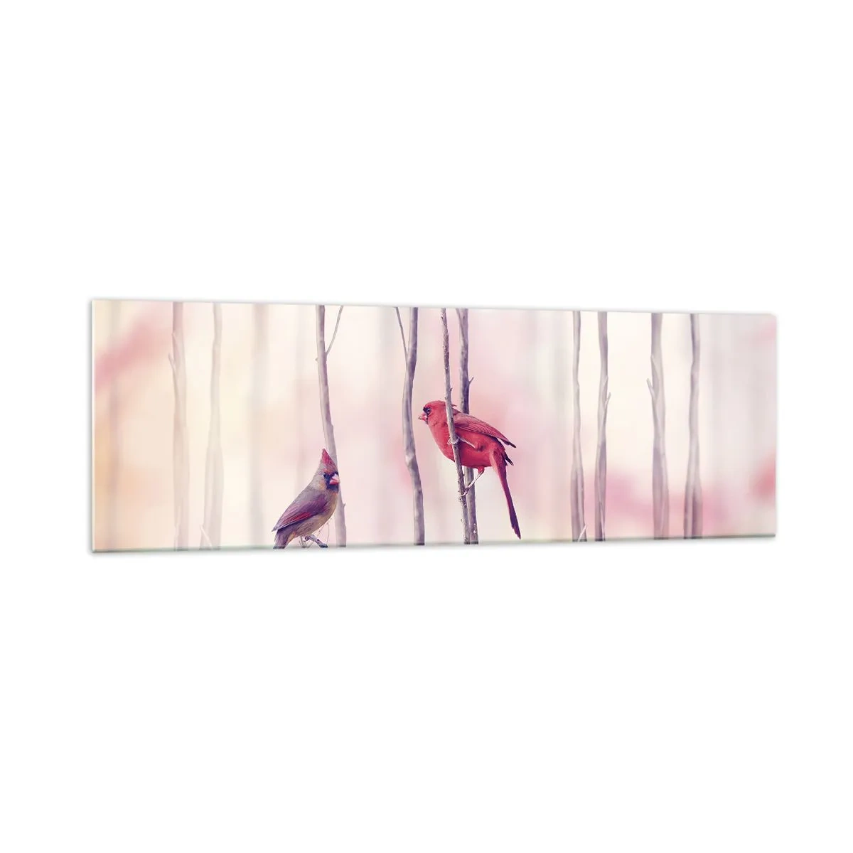Cuadro sobre vidrio - Impresiones sobre Vidrio - Una pareja de cardenales posados en las ramas en un paisaje pastel. - 160x50cm - Historia de un bosque rosa - Decoración de pared moderna para salón y dormitorio ARTTOR