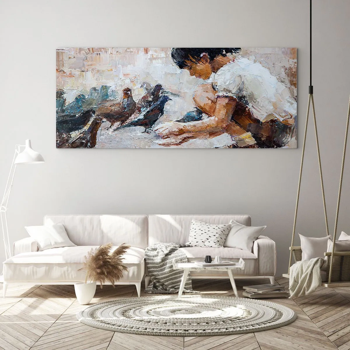 Cuadro sobre vidrio - Impresiones sobre Vidrio - Una niña alimentando pájaros en un estilo pictórico. - 160x50cm - Pequeños y dulces - Decoración de pared moderna para salón y dormitorio ARTTOR