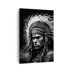 Cuadro sobre lienzo - Impresión de Imagen - Retrato de un jefe con un tocado de plumas sobre un fondo negro - 70x100cm - Líder y guerrero - Decoración de pared moderna para salón y dormitorio ARTTOR