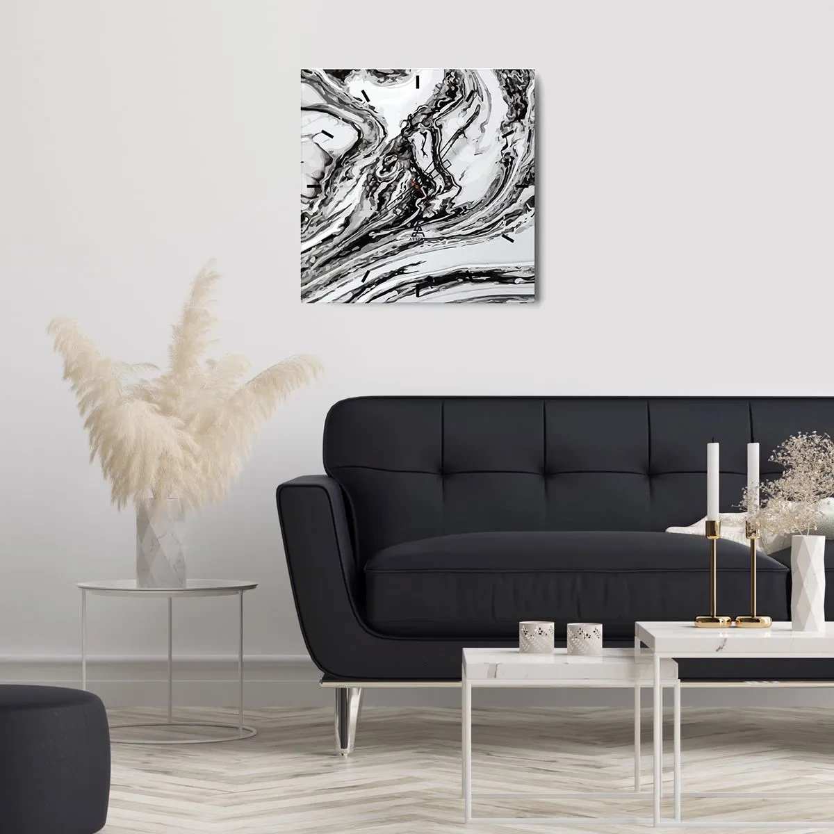 Reloj de pared - Reloj de vidrio - Patrón de mármol abstracto en blanco y negro - 30x30cm - Al principio existía el caos - Decoración de pared moderna para salón y dormitorio ARTTOR