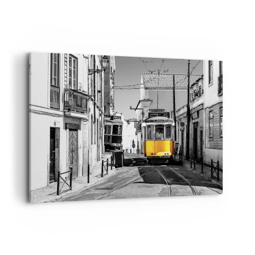 Cuadro sobre lienzo - Impresión de Imagen - Un tranvía amarillo en las calles de Lisboa en un entorno monocromático. - 100x70cm - Espíritu de Lisboa - Decoración de pared moderna para salón y dormitorio ARTTOR