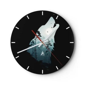 Reloj de pared - Reloj de vidrio - Un lobo emergiendo del bosque a la luz de la luna. - 30x30cm - Voz de la noche del bosque - Decoración de pared moderna para salón, cocina y dormitorio ARTTOR