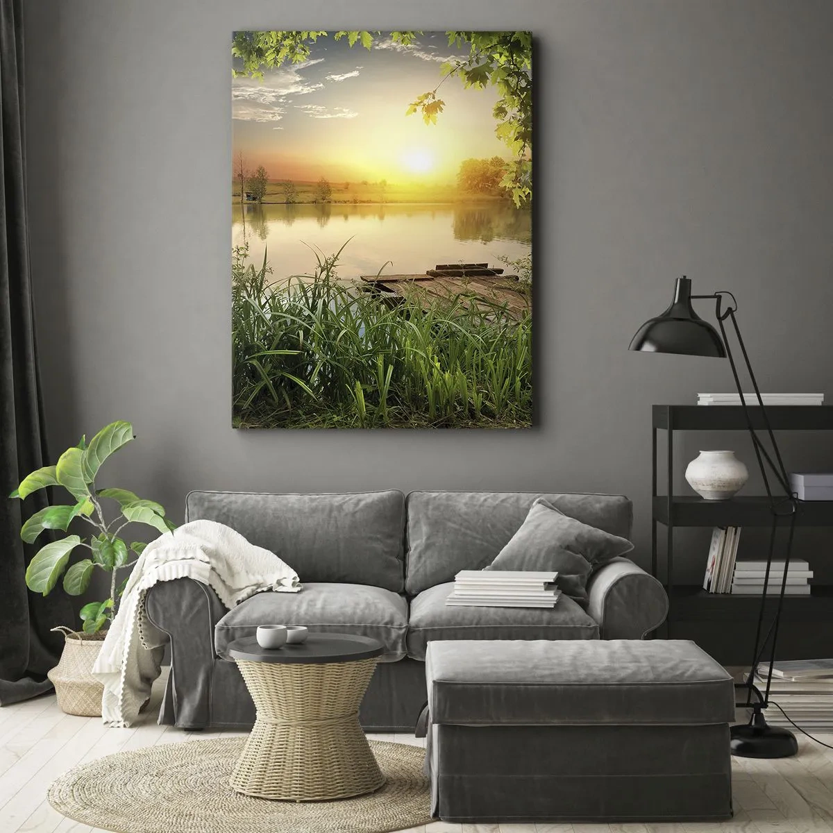 Cuadro sobre lienzo - Impresión de Imagen - Paisaje verde con un lago al atardecer - 70x100cm - Paisaje en un marco verde - Decoración de pared moderna para salón y dormitorio ARTTOR