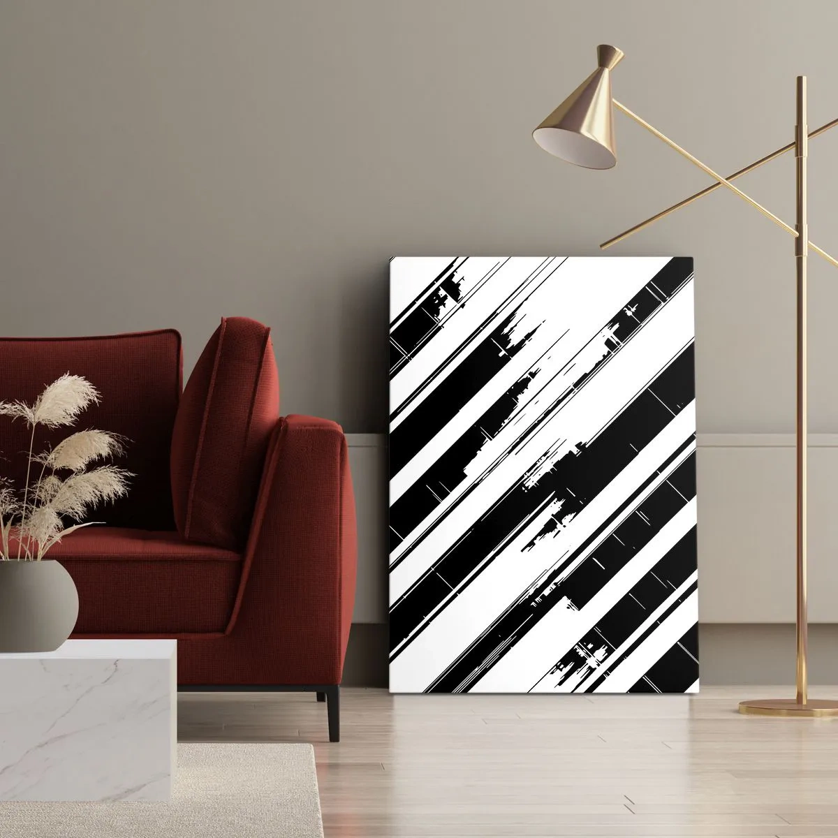 Cuadro sobre lienzo - Impresión de Imagen - Líneas blancas y negras y patrones geométricos en un estilo moderno. - 50x70cm - Composición intensa y dinámica - Decoración de pared moderna para salón y dormitorio ARTTOR
