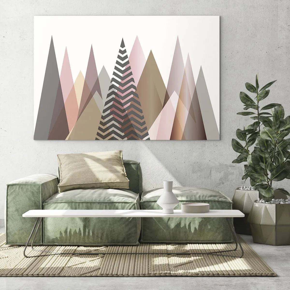 Cuadro sobre vidrio - Impresiones sobre Vidrio - Montañas geométricas pastel con un patrón central - 120x80cm - Una visión piramidal - Decoración de pared moderna para salón y dormitorio ARTTOR
