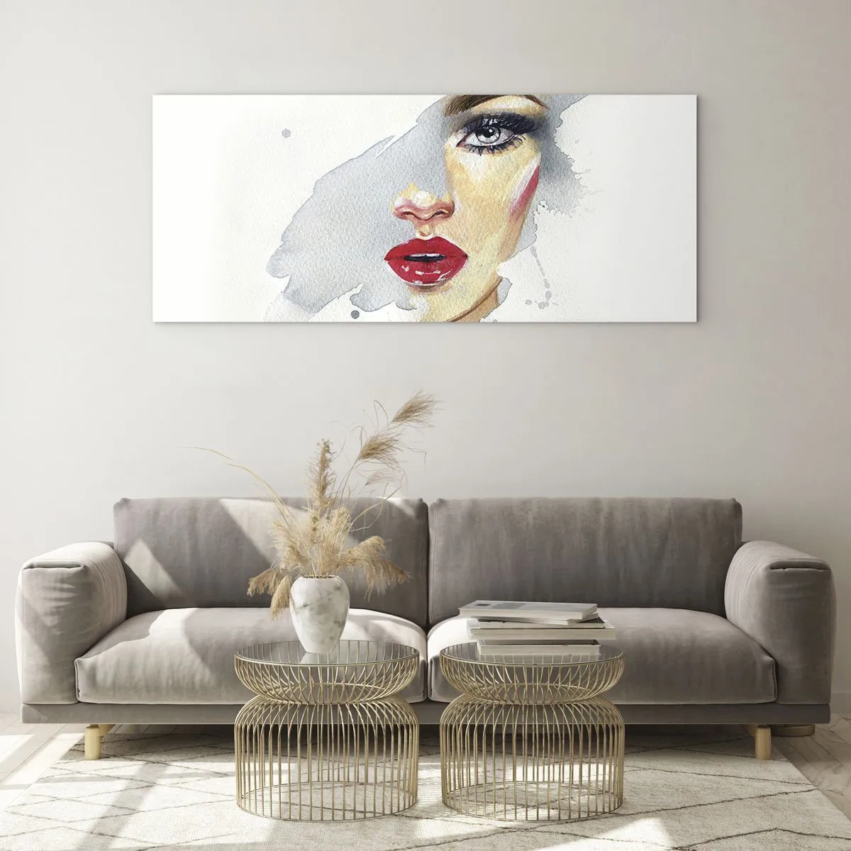Cuadro sobre vidrio - Impresiones sobre Vidrio - Un retrato en acuarela de una mujer de mirada intensa. - 140x50cm - Reflejo en una gota de agua - Decoración de pared moderna para salón y dormitorio ARTTOR