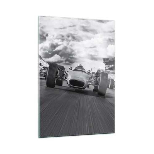 Cuadro sobre vidrio - Impresiones sobre Vidrio - Carrera de coches clásicos en una pista en blanco y negro - 50x70cm - ¡Hay poder! - Decoración de pared moderna para salón y dormitorio ARTTOR