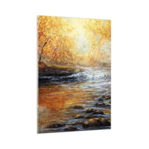 Cuadro sobre vidrio - Impresiones sobre Vidrio - Un arroyo dorado en el bosque rodeado de árboles otoñales. - 50x70cm - Arroyo de oro - Decoración de pared moderna para salón y dormitorio ARTTOR