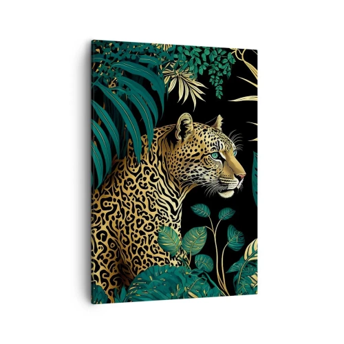 Cuadro sobre lienzo - Impresión de Imagen - Leopardo en hojas tropicales sobre un fondo negro - 50x70cm - El anfitrión en la jungla - Decoración de pared moderna para salón y dormitorio ARTTOR