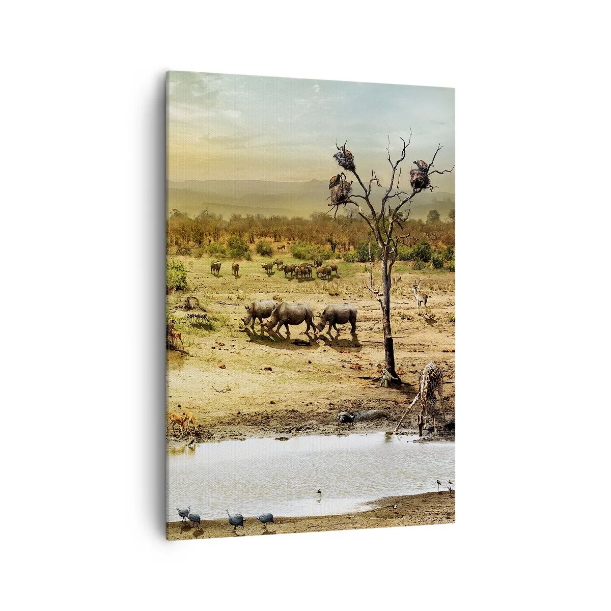 Cuadro sobre lienzo - Impresión de Imagen - Elefantes y animales salvajes en un abrevadero al atardecer - 70x100cm - Y del Edén fluyó un río... - Decoración de pared moderna para salón y dormitorio ARTTOR
