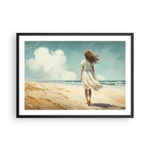 Póster en marco negro - Una mujer con un vestido blanco caminando por la playa en un día soleado. - 70x50cm - Al encuentro del sol y del viento - Decoración de pared moderna para salón y dormitorio ARTTOR