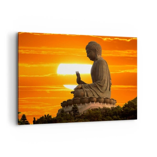 Cuadro sobre lienzo - Impresión de Imagen - Una estatua budista con el telón de fondo de una puesta de sol naranja. - 100x70cm - Sin miedo al mundo - Decoración de pared moderna para salón y dormitorio ARTTOR