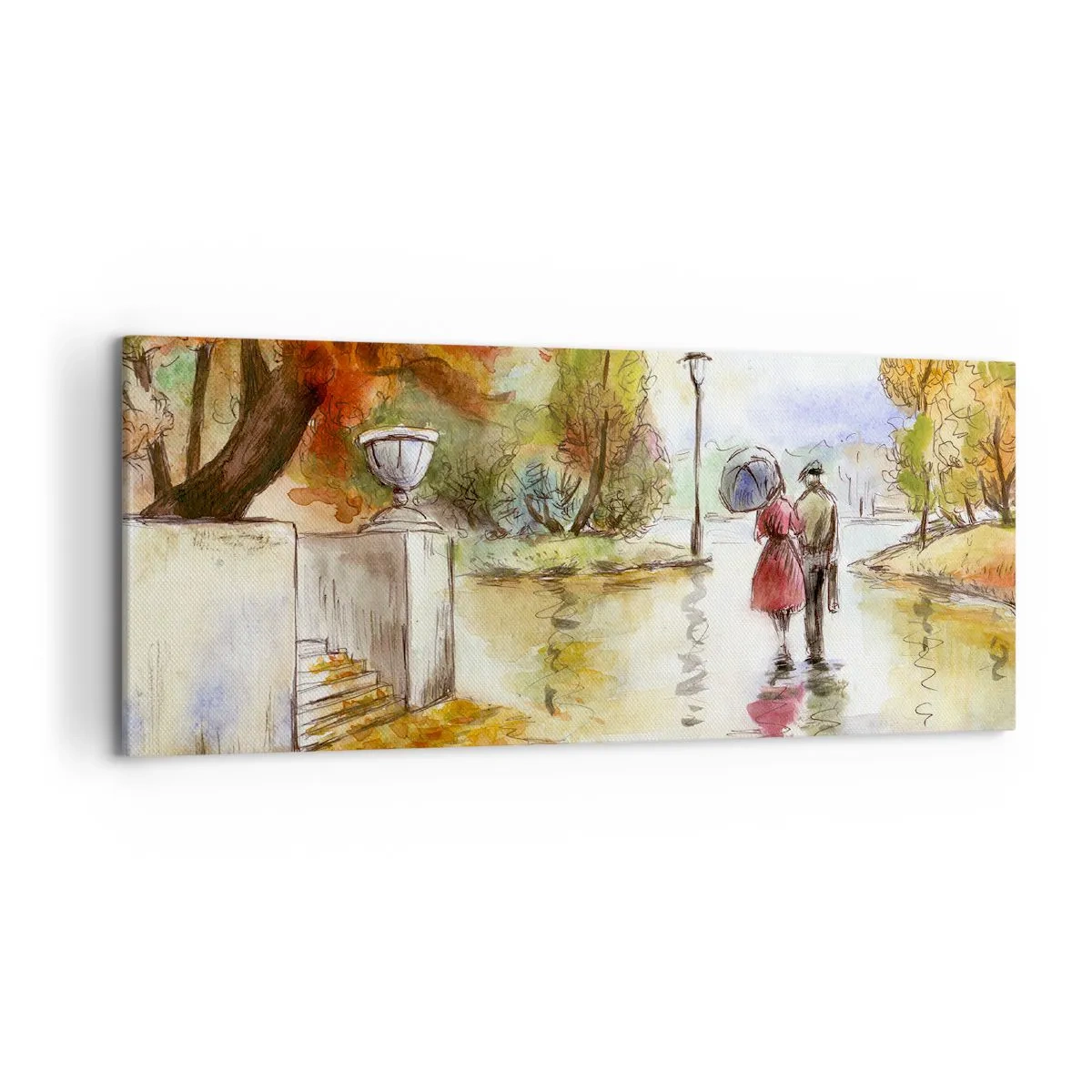 Cuadro sobre lienzo - Impresión de Imagen - Un paseo por el parque de otoño con un paraguas. - 120x50cm - Un otoño romántico en el parque - Decoración de pared moderna para salón y dormitorio ARTTOR