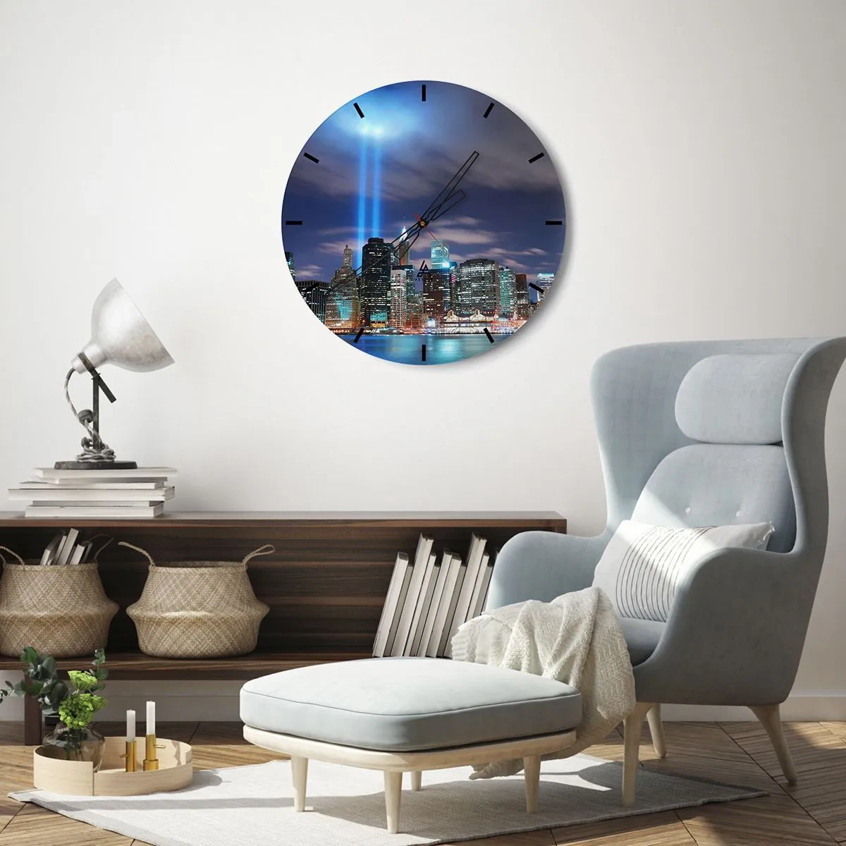Reloj de pared - Reloj de vidrio - Panorama nocturno de la ciudad con focos. - 30x30cm - Con luz para alcanzar el cielo - Decoración de pared moderna para salón, cocina y dormitorio ARTTOR