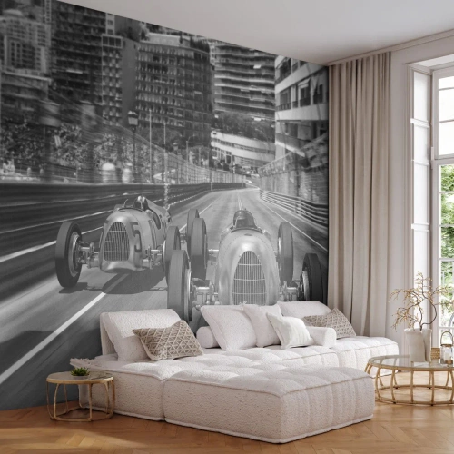 Fotomural Premium Sand - Una carrera de coches de carreras retro en el circuito callejero de Montecarlo - 100x70cm - Érase una vez en Montecarlo - Decoración de pared moderna para salón y dormitorio ARTTOR