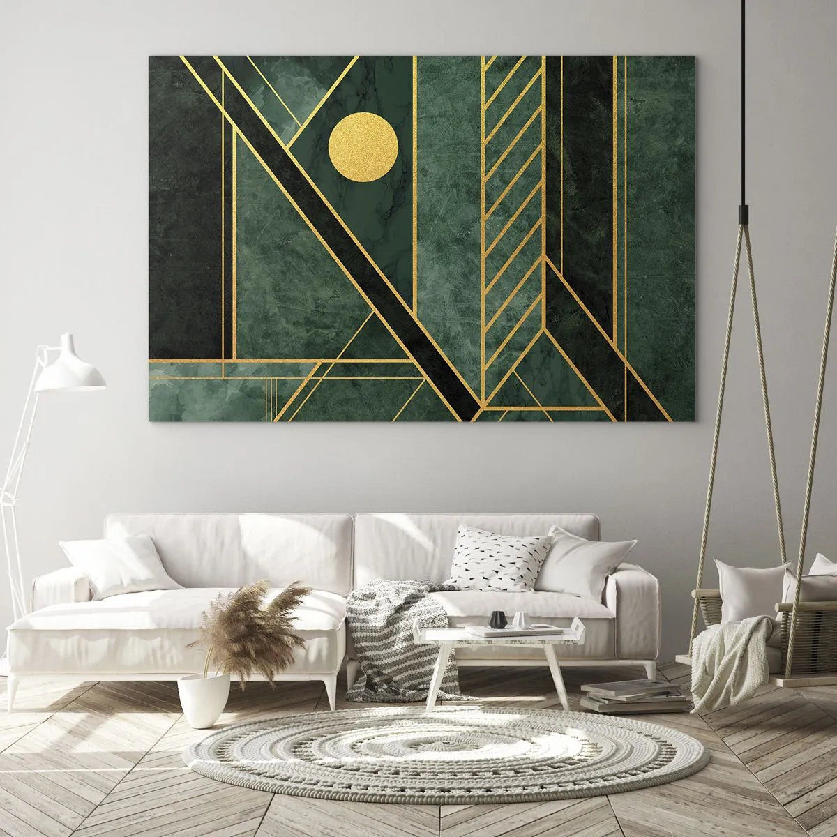 Cuadro sobre vidrio - Impresiones sobre Vidrio - Abstracción geométrica verde y dorada en estilo Art Déco - 70x50cm - La dinámica del oro y el azul - Decoración de pared moderna para salón y dormitorio ARTTOR