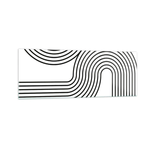 Cuadro sobre vidrio - Impresiones sobre Vidrio - Una pintura abstracta con líneas negras que crean patrones geométricos sobre un fondo blanco. - 140x50cm - En una curva - Decoración de pared moderna para salón y dormitorio ARTTOR