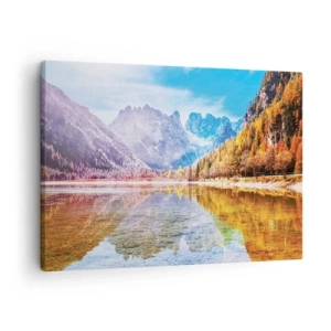 Cuadro sobre lienzo - Impresión de Imagen - Paisaje otoñal de montaña con un lago - 70x50cm - Ya es otoño en las montañas - Decoración de pared moderna para salón y dormitorio ARTTOR