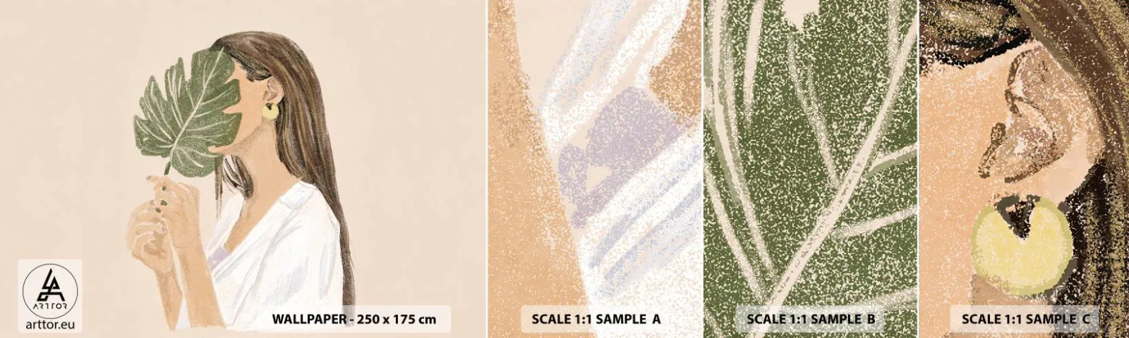 Muestra De Fotomural Standard Eco - Retrato misterioso con un abanico - Hoja, Mujer, bohemia - 100x30 cm