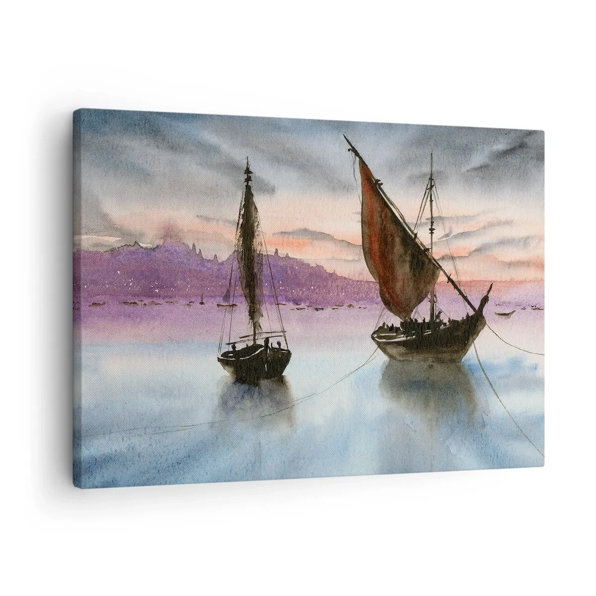 Cuadro sobre lienzo - Impresión de Imagen - Dos veleros amarrados en aguas tranquilas al anochecer - 70x50cm - Atardecer en el puerto - Decoración de pared moderna para salón y dormitorio ARTTOR