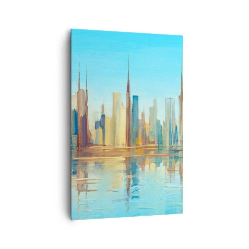 Cuadro sobre lienzo - Impresión de Imagen - Un panorama de la ciudad en colores cálidos con reflejo en el agua. - 80x120cm - Metrópolis soleada - Decoración de pared moderna para salón y dormitorio ARTTOR