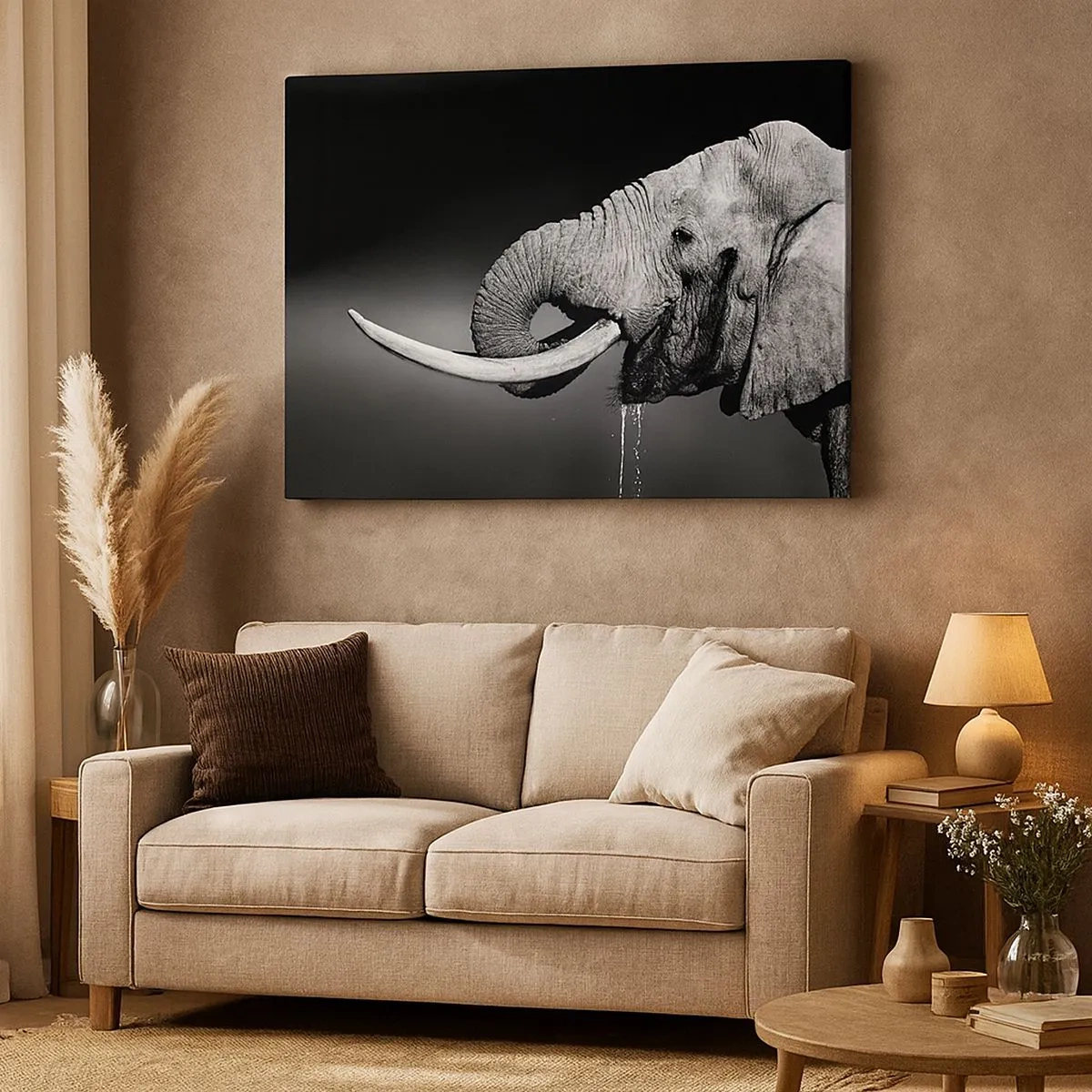 Cuadro sobre lienzo - Impresión de Imagen - Retrato en blanco y negro de un elefante de perfil. - 70x50cm - Majestuoso - Decoración de pared moderna para salón y dormitorio ARTTOR