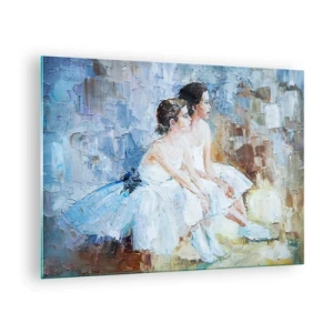 Cuadro sobre vidrio - Impresiones sobre Vidrio - Dos bailarinas con vestidos blancos sobre un fondo impresionista. - 70x50cm - Cisnes jóvenes descansando - Decoración de pared moderna para salón y dormitorio ARTTOR