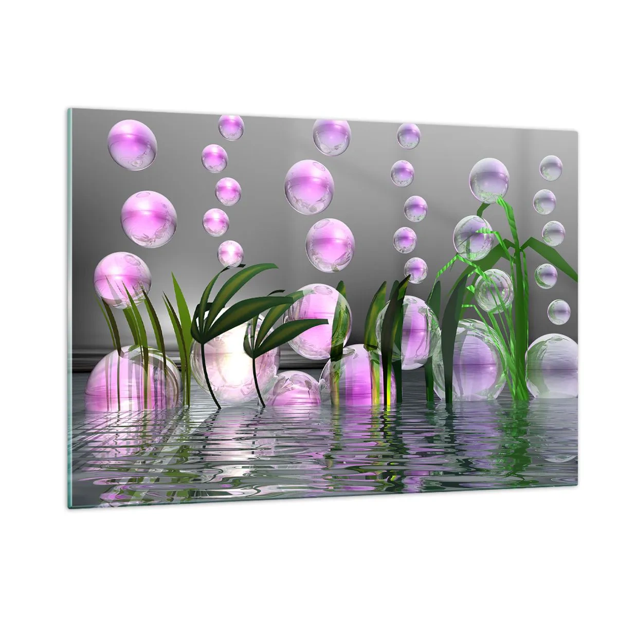 Cuadro sobre vidrio - Impresiones sobre Vidrio - Burbujas moradas flotando sobre el agua con plantas. - 120x80cm - Composición reflexiva de ligereza y vida - Decoración de pared moderna para salón y dormitorio ARTTOR
