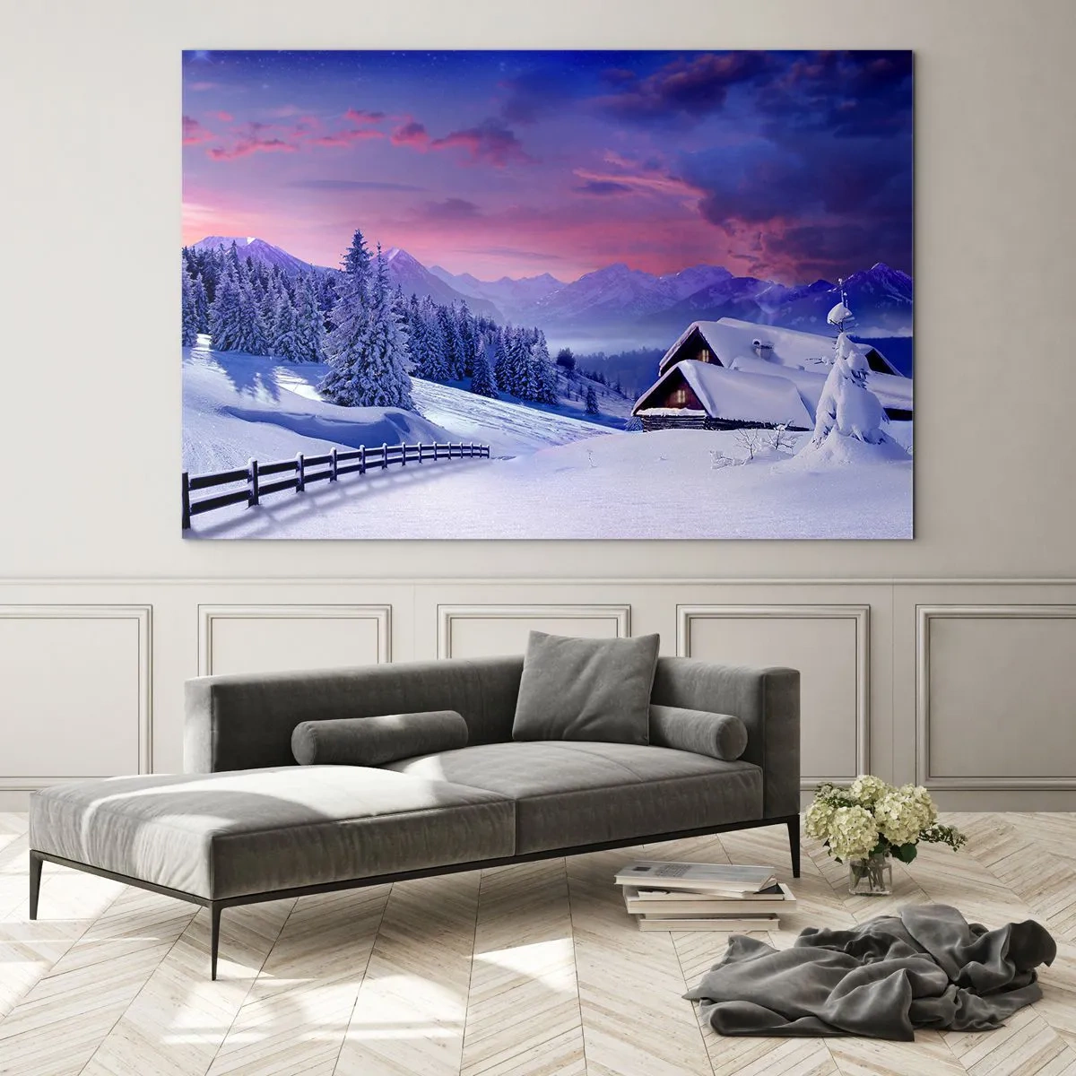 Cuadro sobre vidrio - Impresiones sobre Vidrio - Paisaje invernal con una cabaña y montañas nevadas. - 100x70cm - Noche de silencio - Decoración de pared moderna para salón y dormitorio ARTTOR
