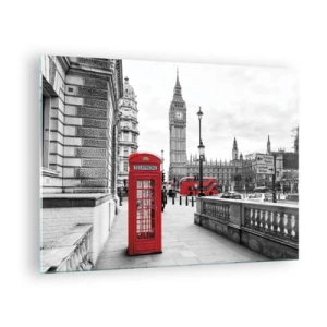 Cuadro sobre vidrio - Impresiones sobre Vidrio - Londres en blanco y negro con una cabina telefónica roja y un autobús - 70x50cm - Sin duda, Londres - Decoración de pared moderna para salón y dormitorio ARTTOR